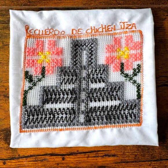 VTG Handmade Multicolor Cross-Stitch 18X18 Linen Mayan Ruins Primitive Decor Art - Picture 1 of 12